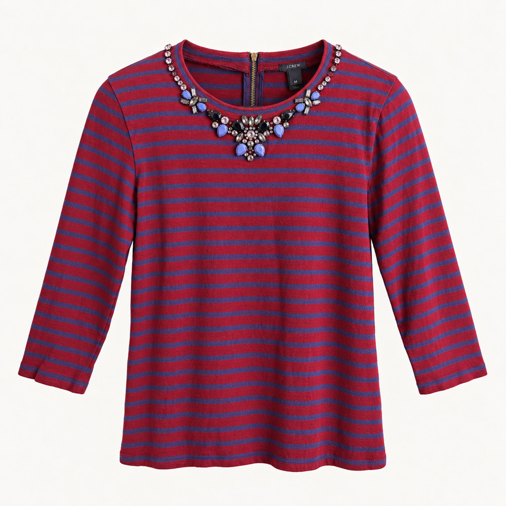 J.Crew 2013 Stripe Necklace Tee Jeweled Collar Burgundy Navy Cotton M